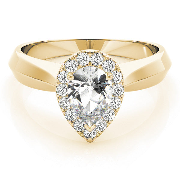 Yellow gold Halo Pear Cut Solitaire Diamond Ring with Prong Setting