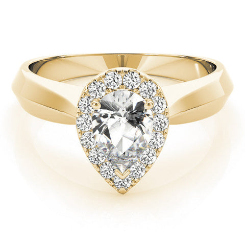 Yellow gold Halo Pear Cut Solitaire Diamond Ring with Prong Setting