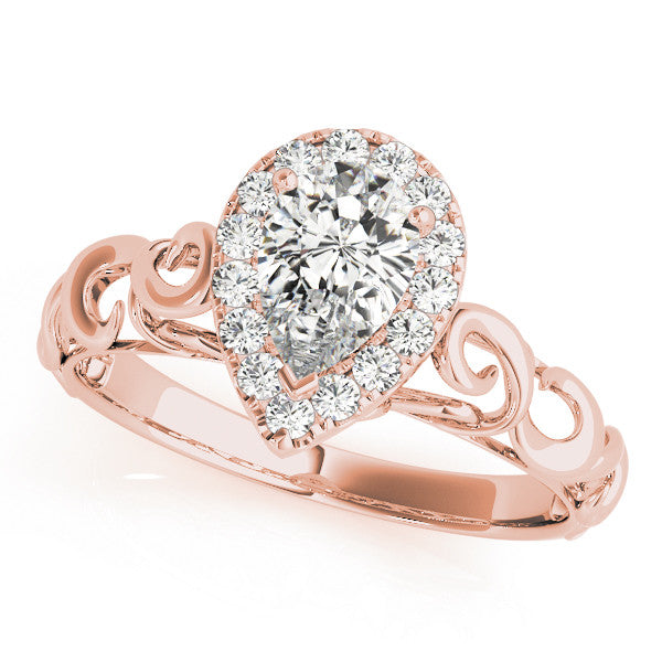 Rose gold Pear Halo Scrollwork Engagement Ring with Prong Setting
