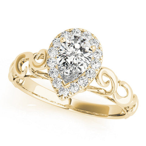 Yellow gold Pear Halo Scrollwork Engagement Ring with Prong Setting