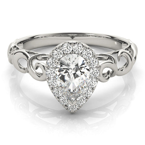 White gold Pear Halo Scrollwork Engagement Ring with Prong Setting