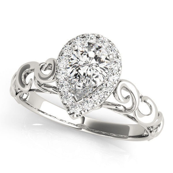 White gold Pear Halo Scrollwork Engagement Ring with Prong Setting