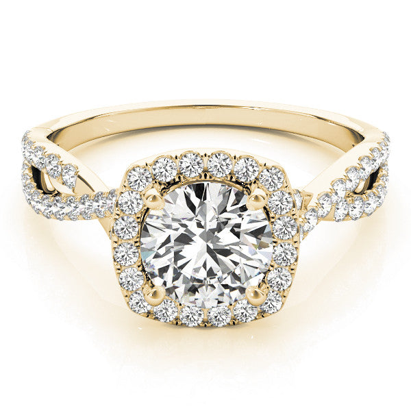 Yellow gold Round Halo Twist Band Solitaire with Four-Prong Setting