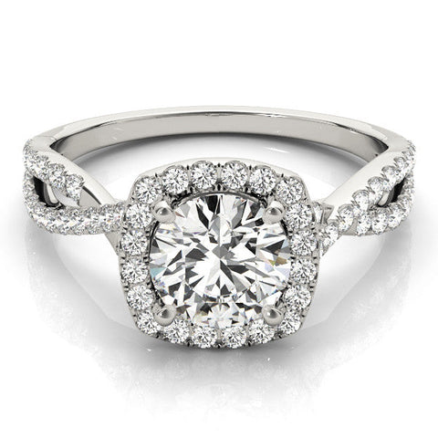 Silver Round Halo Twist Band Solitaire with Four-Prong Setting