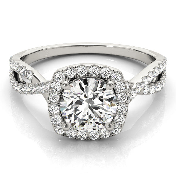 White gold Round Halo Twist Band Solitaire with Four-Prong Setting