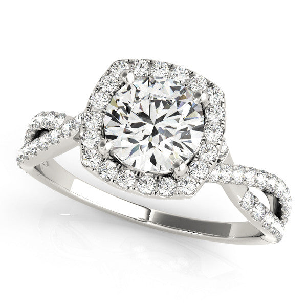 White gold Round Halo Twist Band Solitaire with Four-Prong Setting