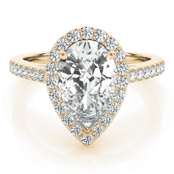 Yellow gold Pear Halo Diamond Ring with Pavé Band and Three-Prong Setting