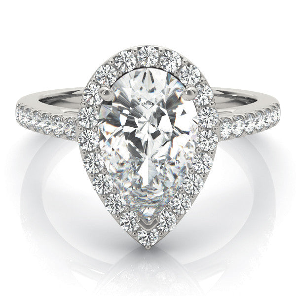 Rose gold Pear Halo Diamond Ring with Pavé Band and Three-Prong Setting