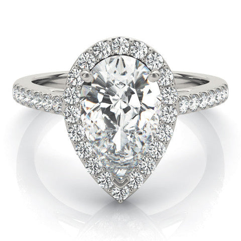 White gold Pear Halo Diamond Ring with Pavé Band and Three-Prong Setting