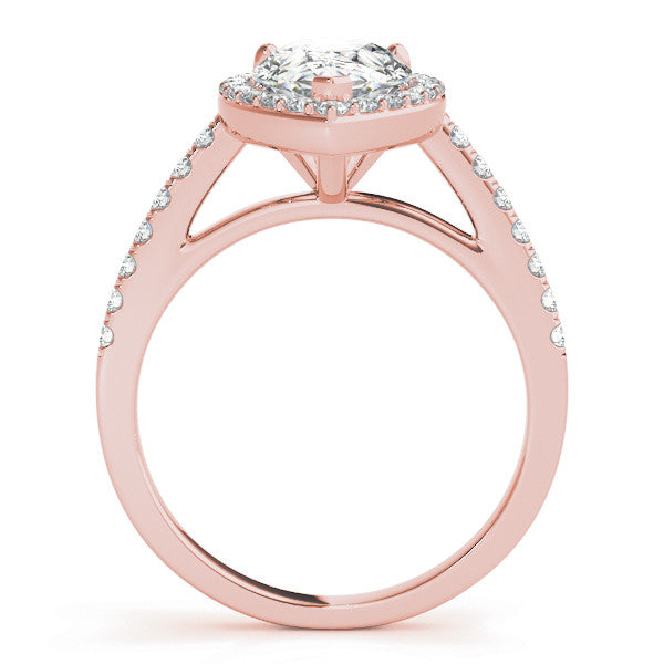 Rose gold Pear Halo Diamond Ring with Pavé Band and Three-Prong Setting