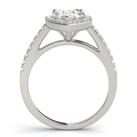 Platinum Pear Halo Diamond Ring with Pavé Band and Three-Prong Setting
