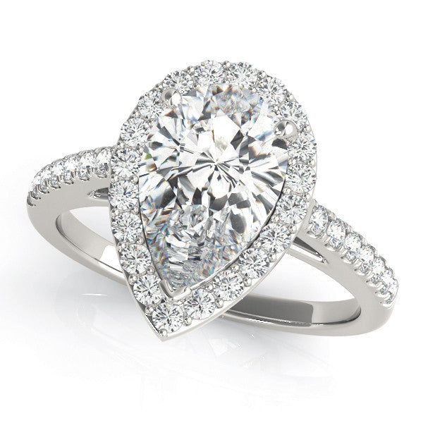 Platinum Pear Halo Diamond Ring with Pavé Band and Three-Prong Setting