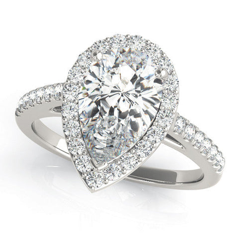 Platinum Pear Halo Diamond Ring with Pavé Band and Three-Prong Setting