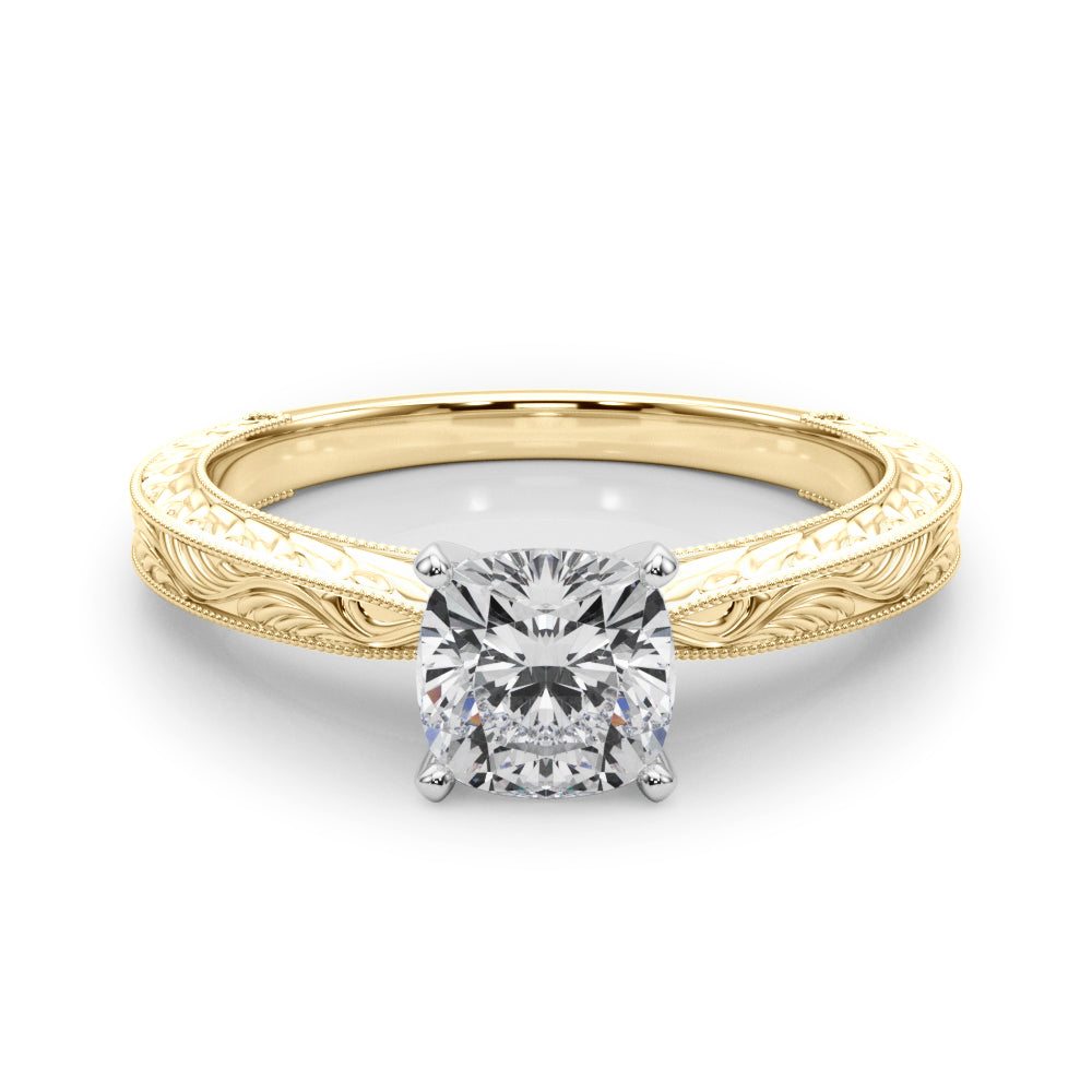 Yellow gold Cushion Solitaire Milgrain Engraved Band with Four-Prong Setting