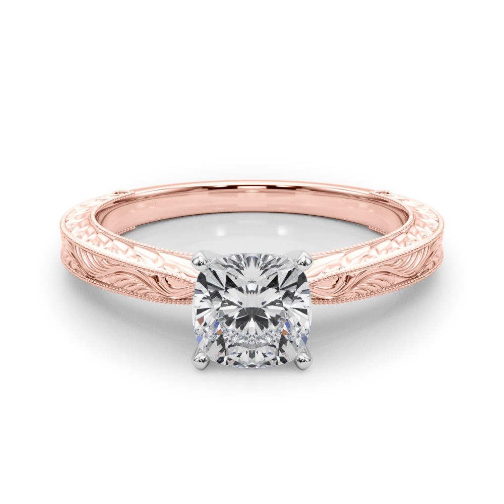 Rose gold Cushion Solitaire Milgrain Engraved Band with Four-Prong Setting