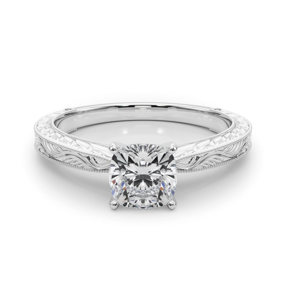Platinum Cushion Solitaire Milgrain Engraved Band with Four-Prong Setting