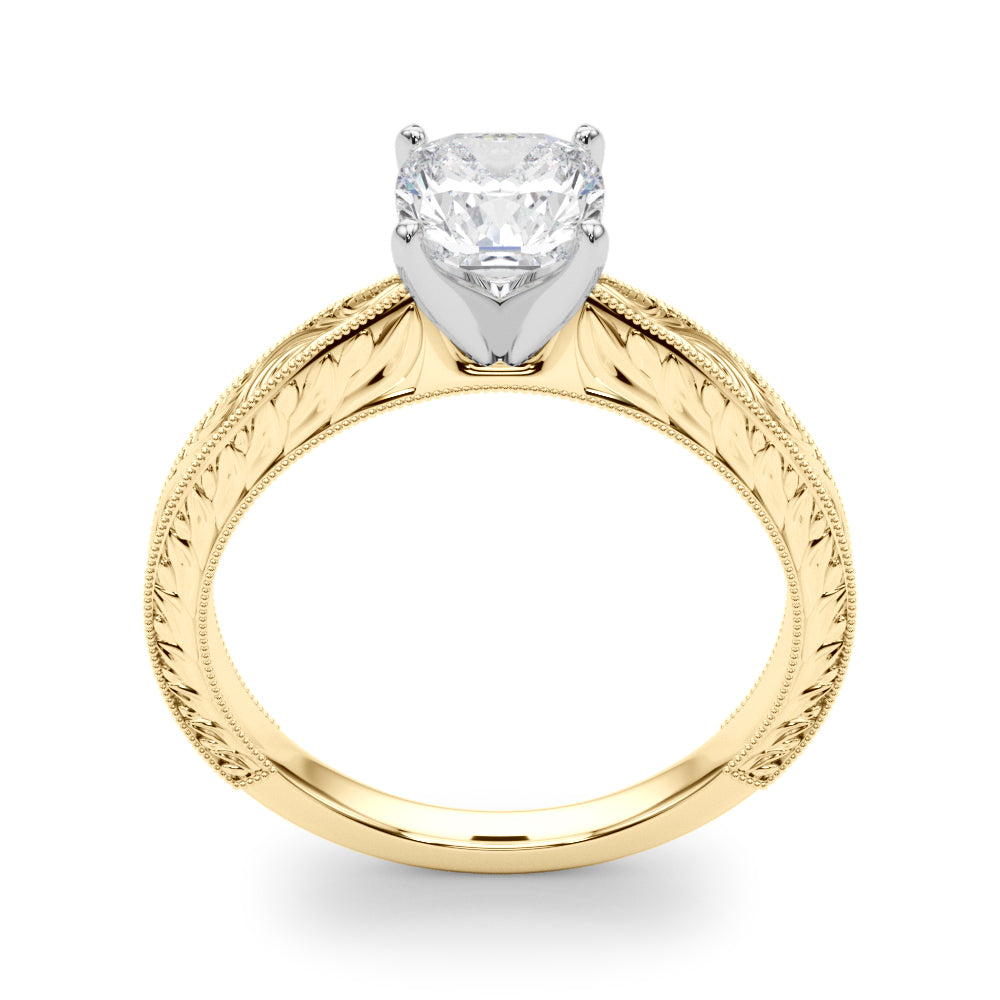 Yellow gold Cushion Solitaire Milgrain Engraved Band with Four-Prong Setting