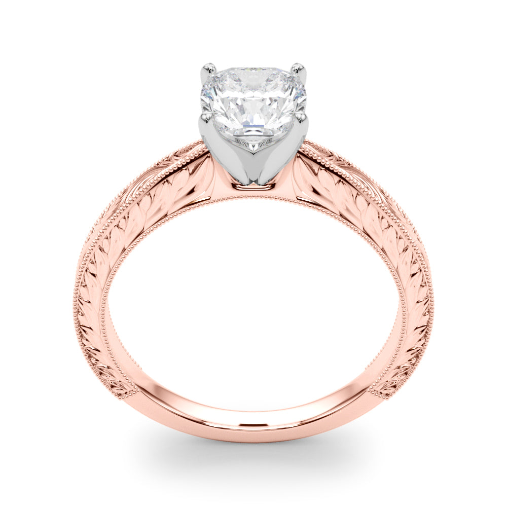 Rose gold Cushion Solitaire Milgrain Engraved Band with Four-Prong Setting