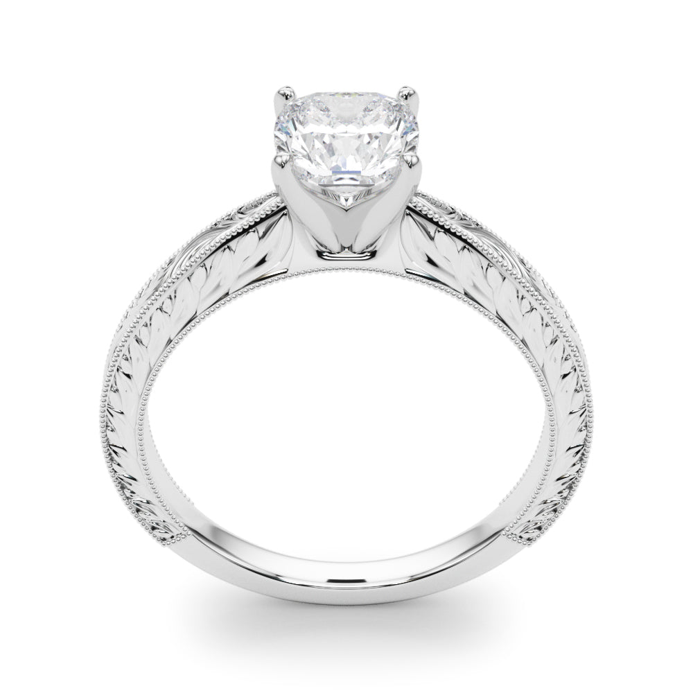 Platinum Cushion Solitaire Milgrain Engraved Band with Four-Prong Setting
