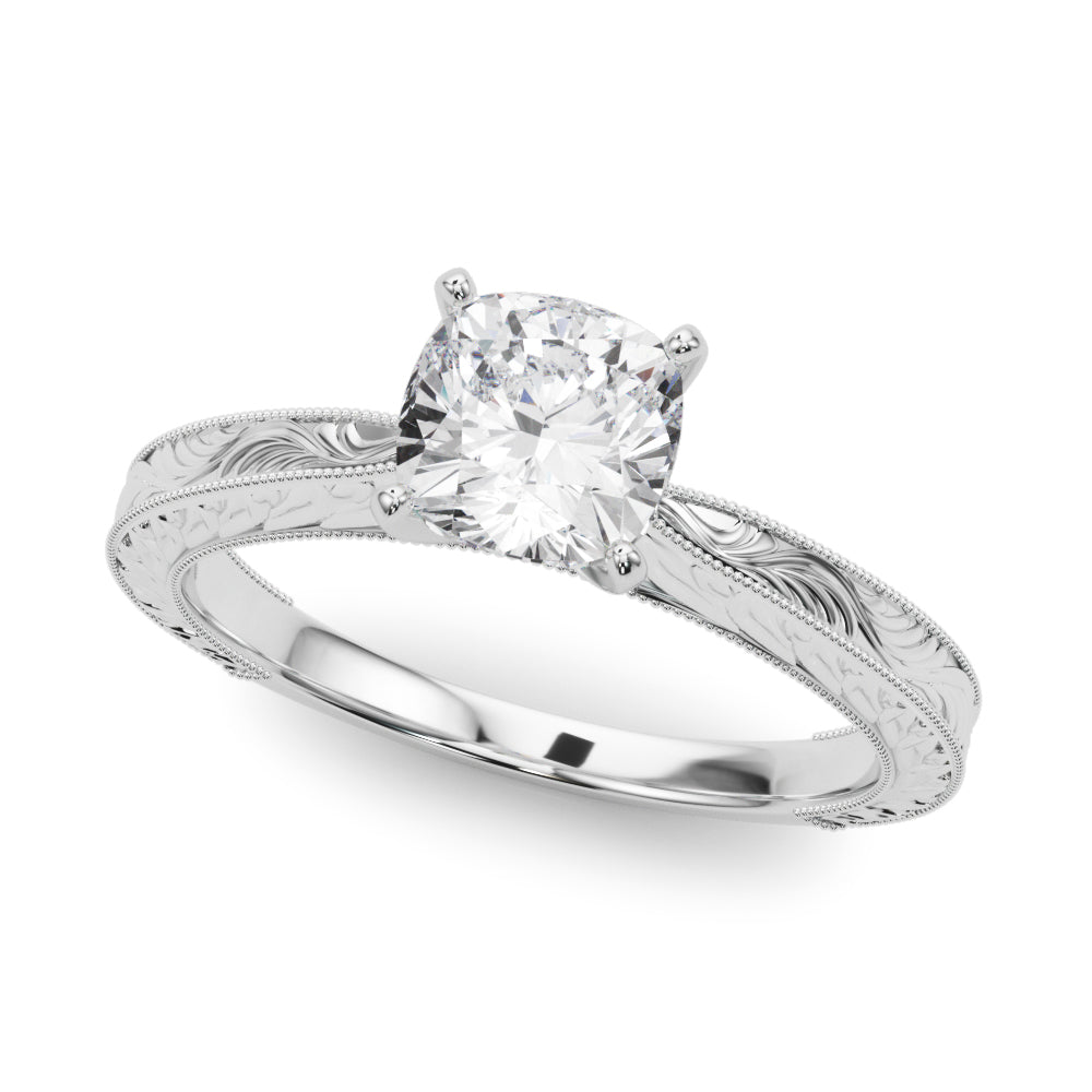Platinum Cushion Solitaire Milgrain Engraved Band with Four-Prong Setting