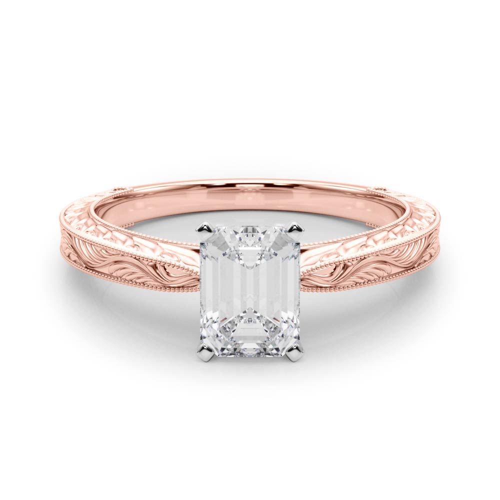 Rose gold Emerald Solitaire Milgrain Engraved Band with Four-Prong Setting