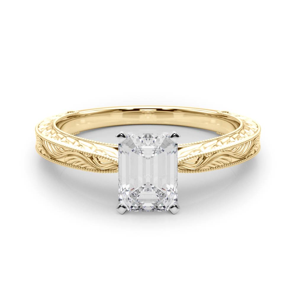 Yellow gold Emerald Solitaire Milgrain Engraved Band with Four-Prong Setting