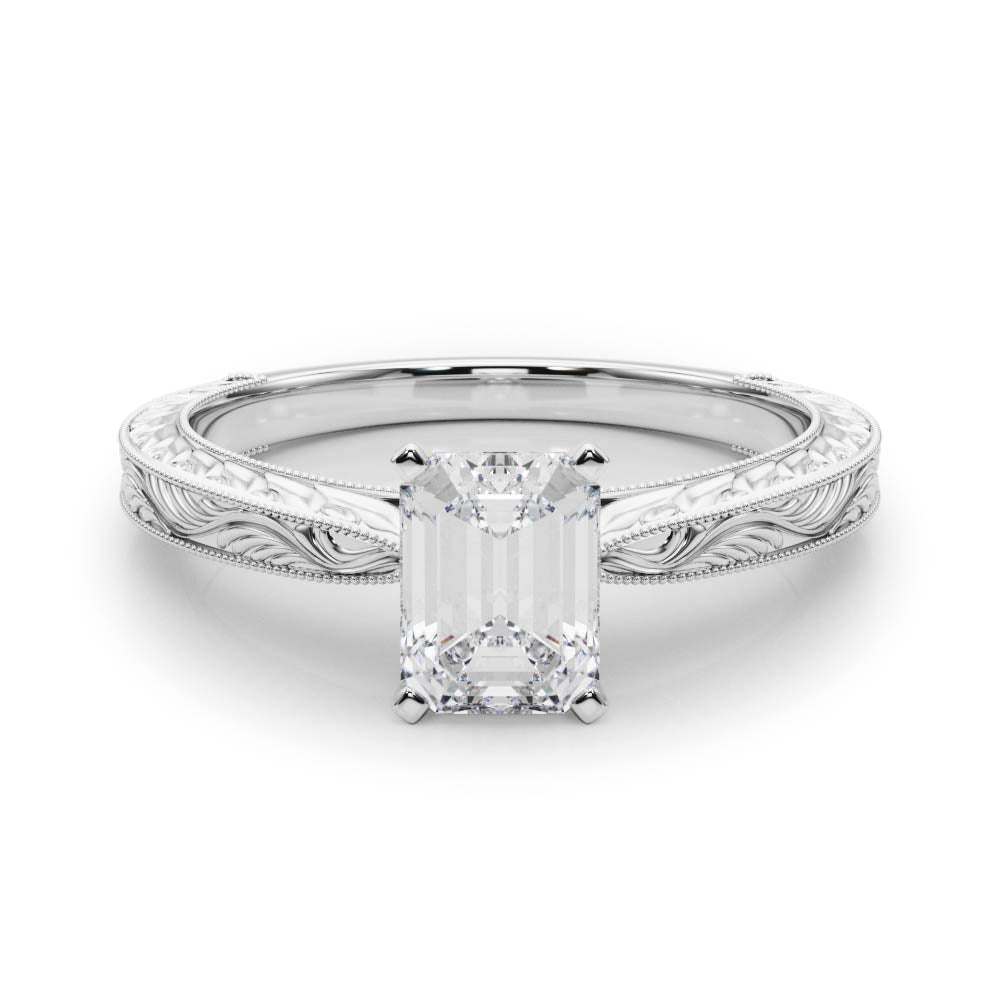 Silver Emerald Solitaire Milgrain Engraved Band with Four-Prong Setting