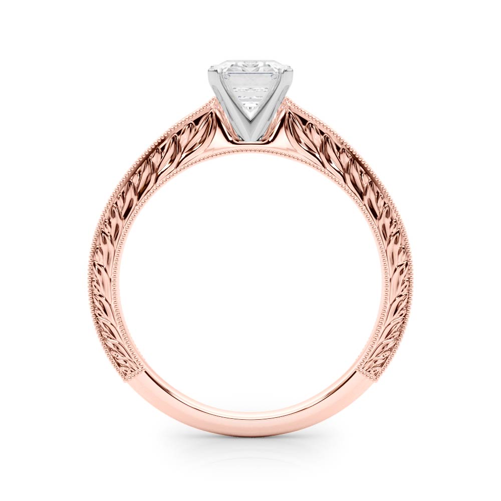Rose gold Emerald Solitaire Milgrain Engraved Band with Four-Prong Setting