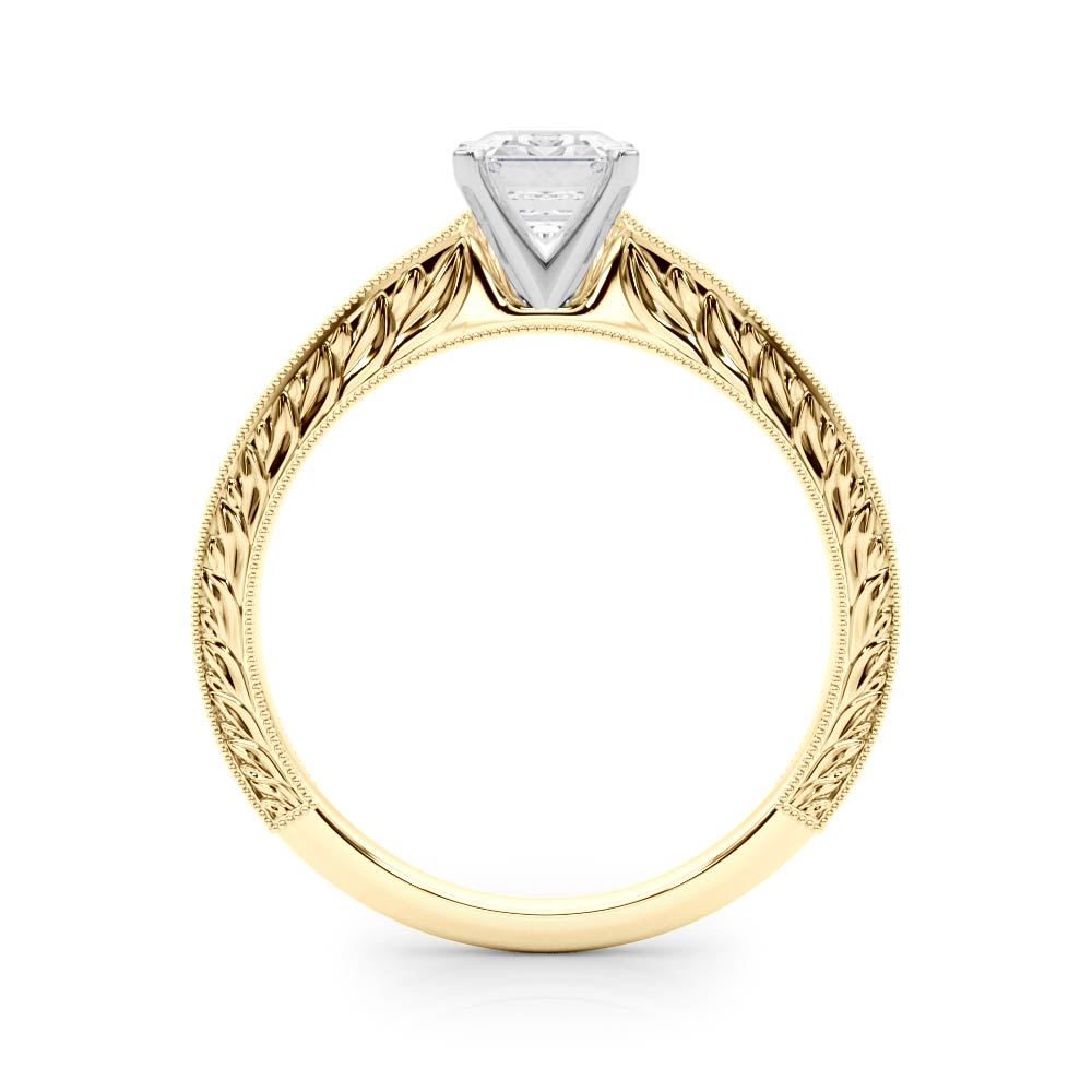 Yellow gold Emerald Solitaire Milgrain Engraved Band with Four-Prong Setting