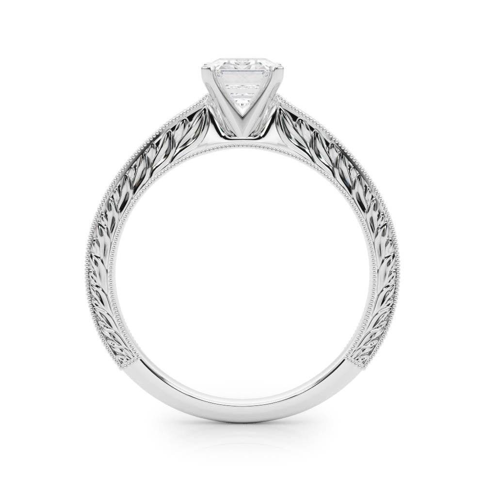Silver Emerald Solitaire Milgrain Engraved Band with Four-Prong Setting