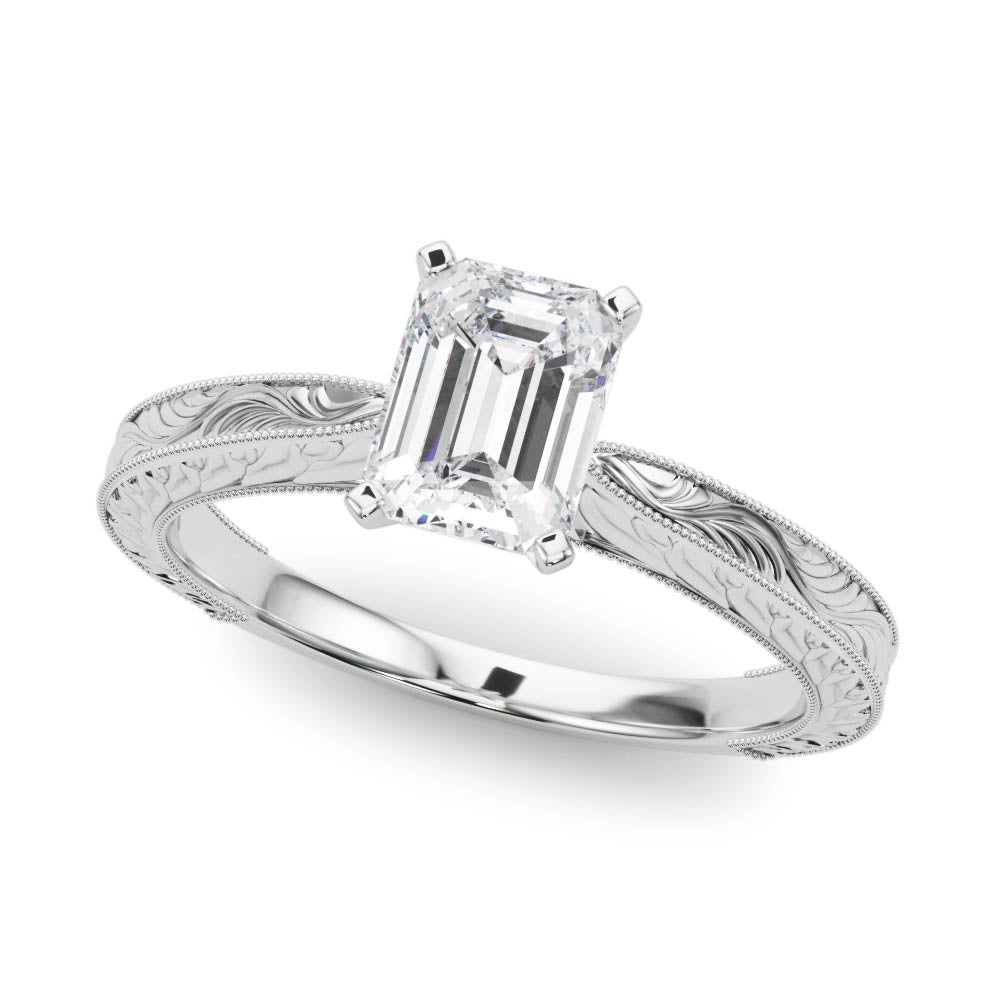 Platinum Emerald Solitaire Milgrain Engraved Band with Four-Prong Setting