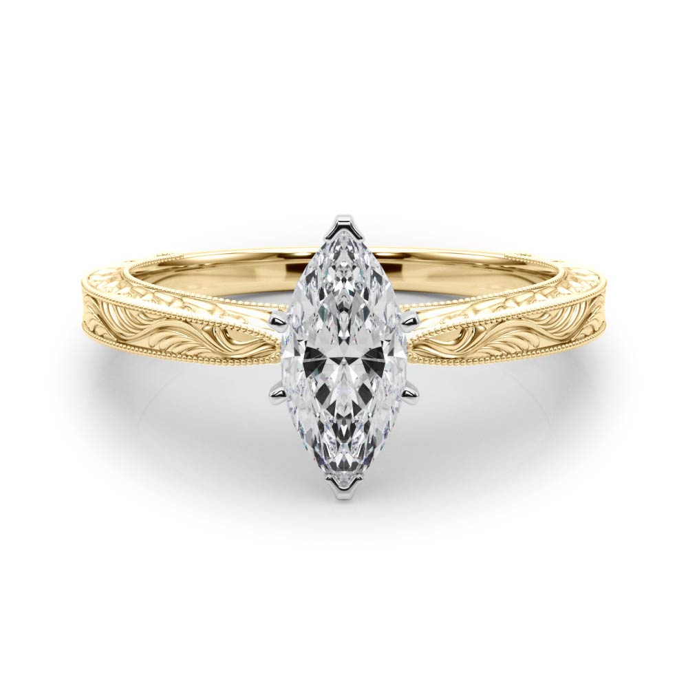 Yellow gold Marquise Solitaire Milgrain Engraved Band with Four-Prong Setting