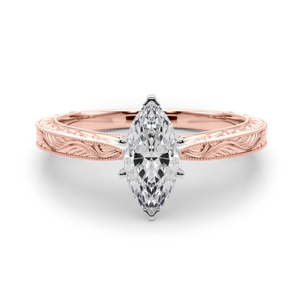 Rose gold Marquise Solitaire Milgrain Engraved Band with Four-Prong Setting
