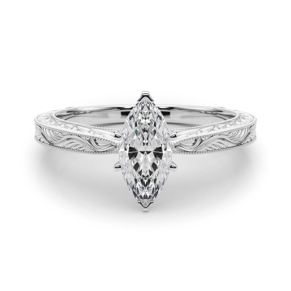 White gold Marquise Solitaire Milgrain Engraved Band with Four-Prong Setting