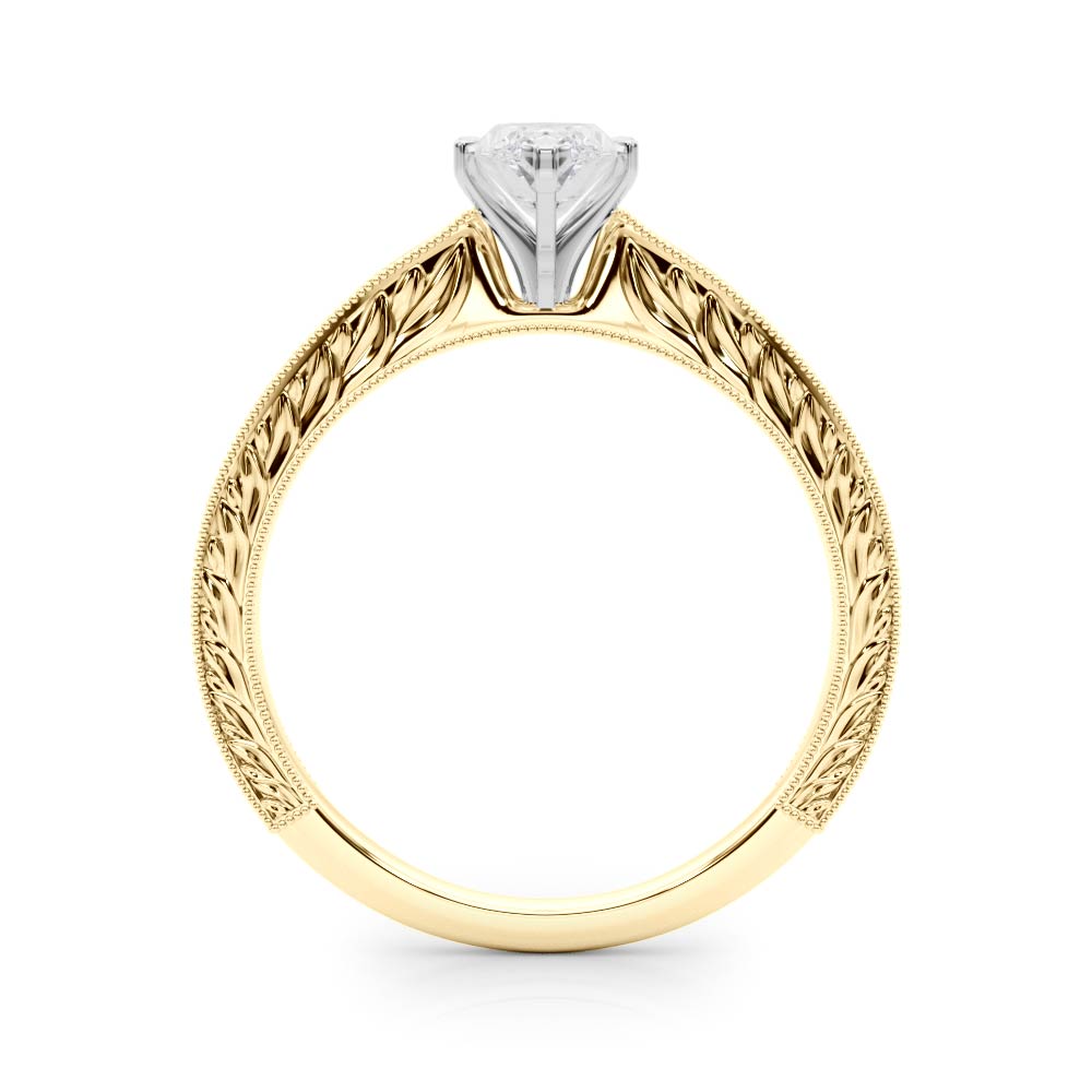 Yellow gold Marquise Solitaire Milgrain Engraved Band with Four-Prong Setting