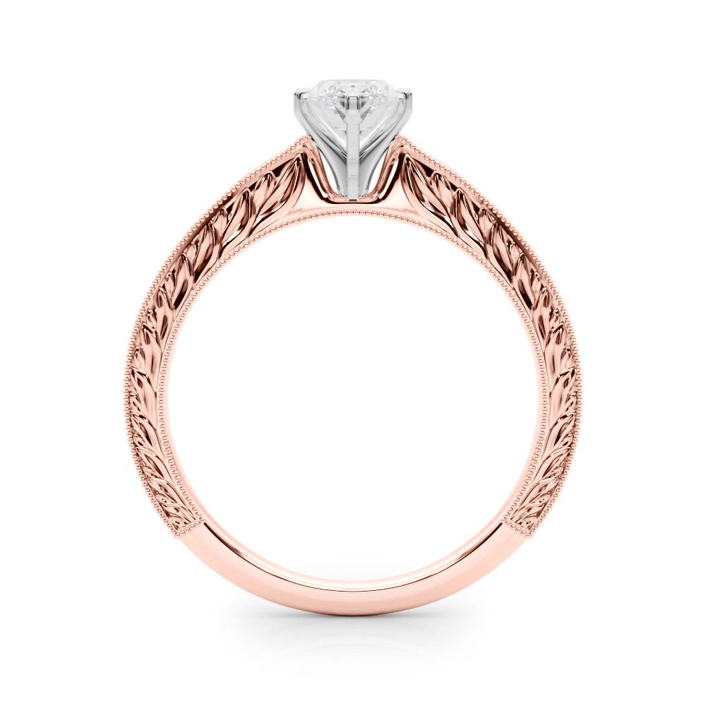 Rose gold Marquise Solitaire Milgrain Engraved Band with Four-Prong Setting