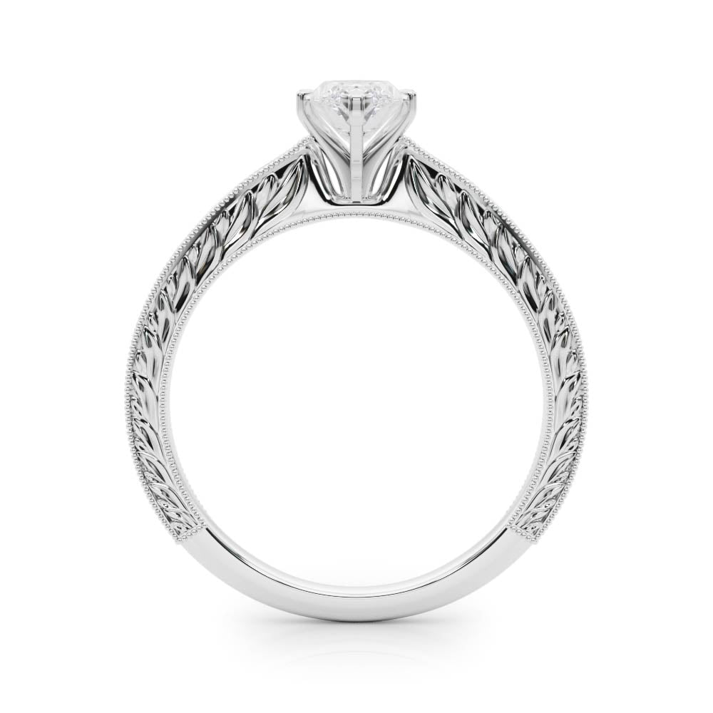 White gold Marquise Solitaire Milgrain Engraved Band with Four-Prong Setting