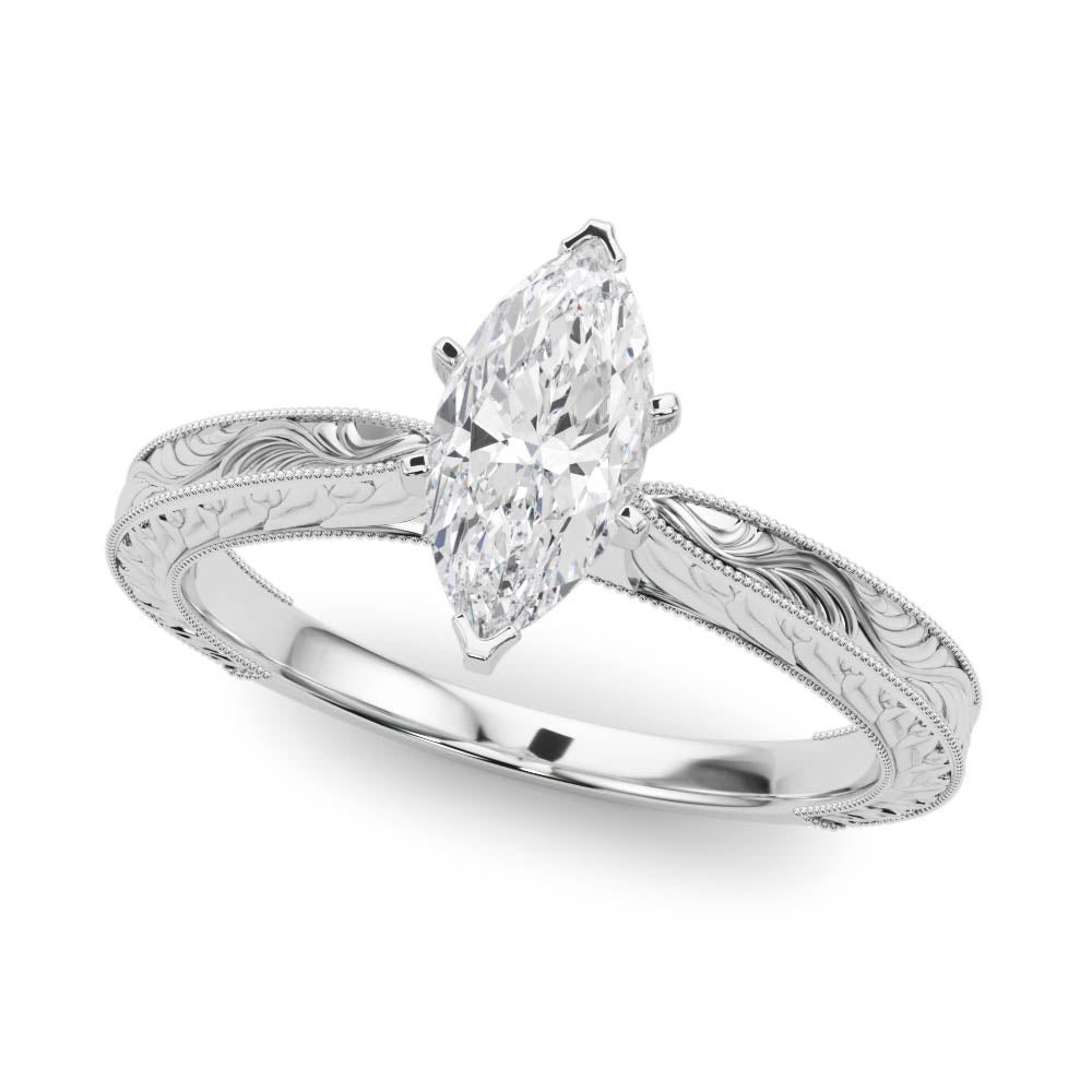 Silver Marquise Solitaire Milgrain Engraved Band with Four-Prong Setting