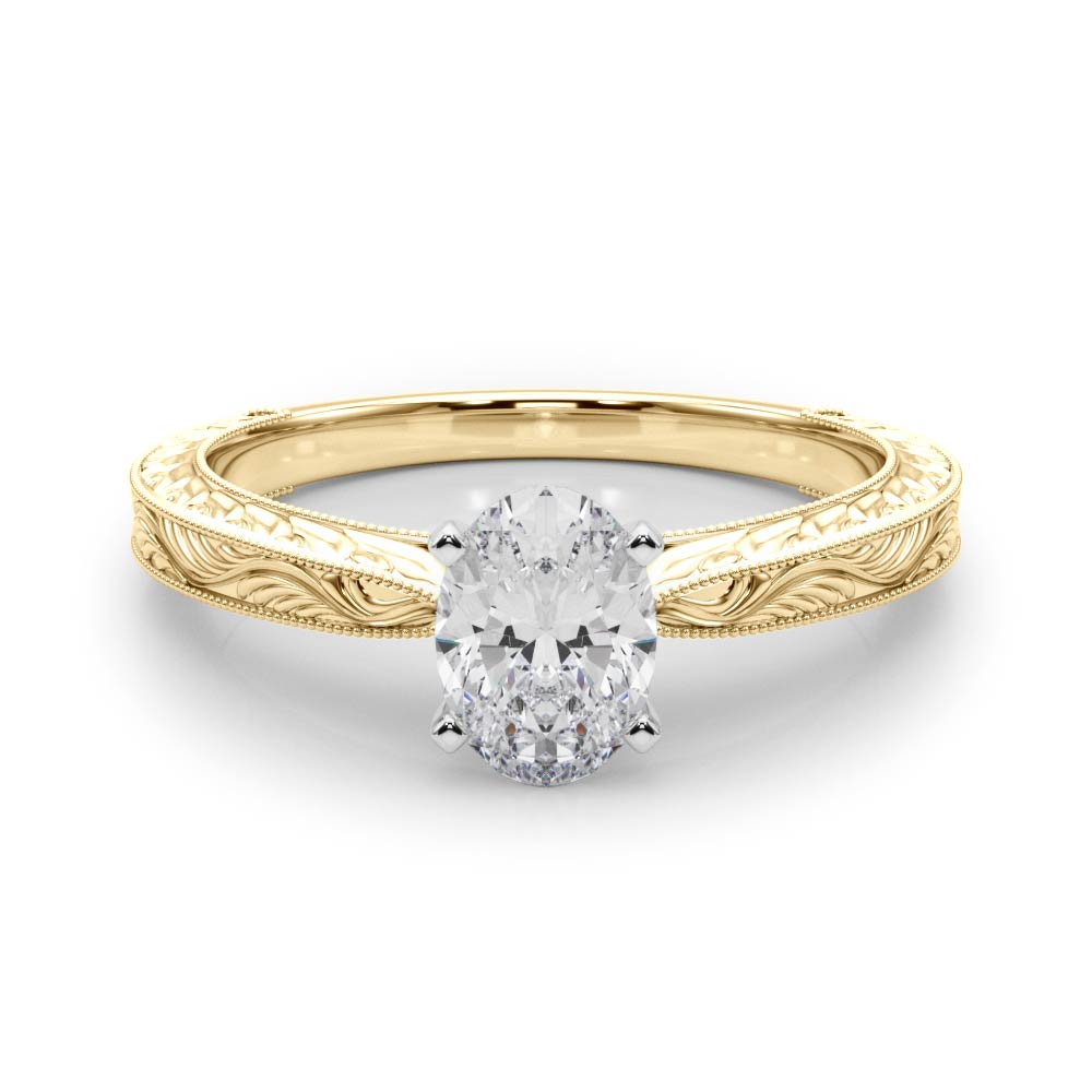 Yellow gold Oval Solitaire Milgrain Engraved Band with Four-Prong Setting