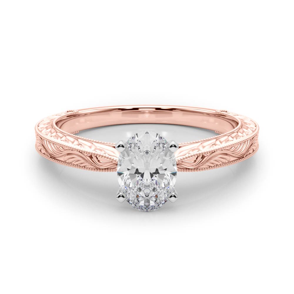 Rose gold Oval Solitaire Milgrain Engraved Band with Four-Prong Setting