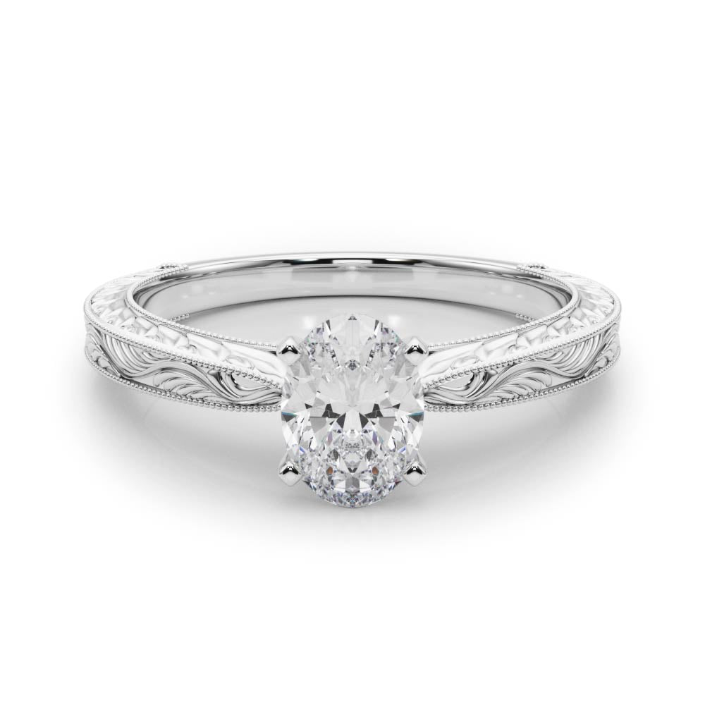 White gold Oval Solitaire Milgrain Engraved Band with Four-Prong Setting