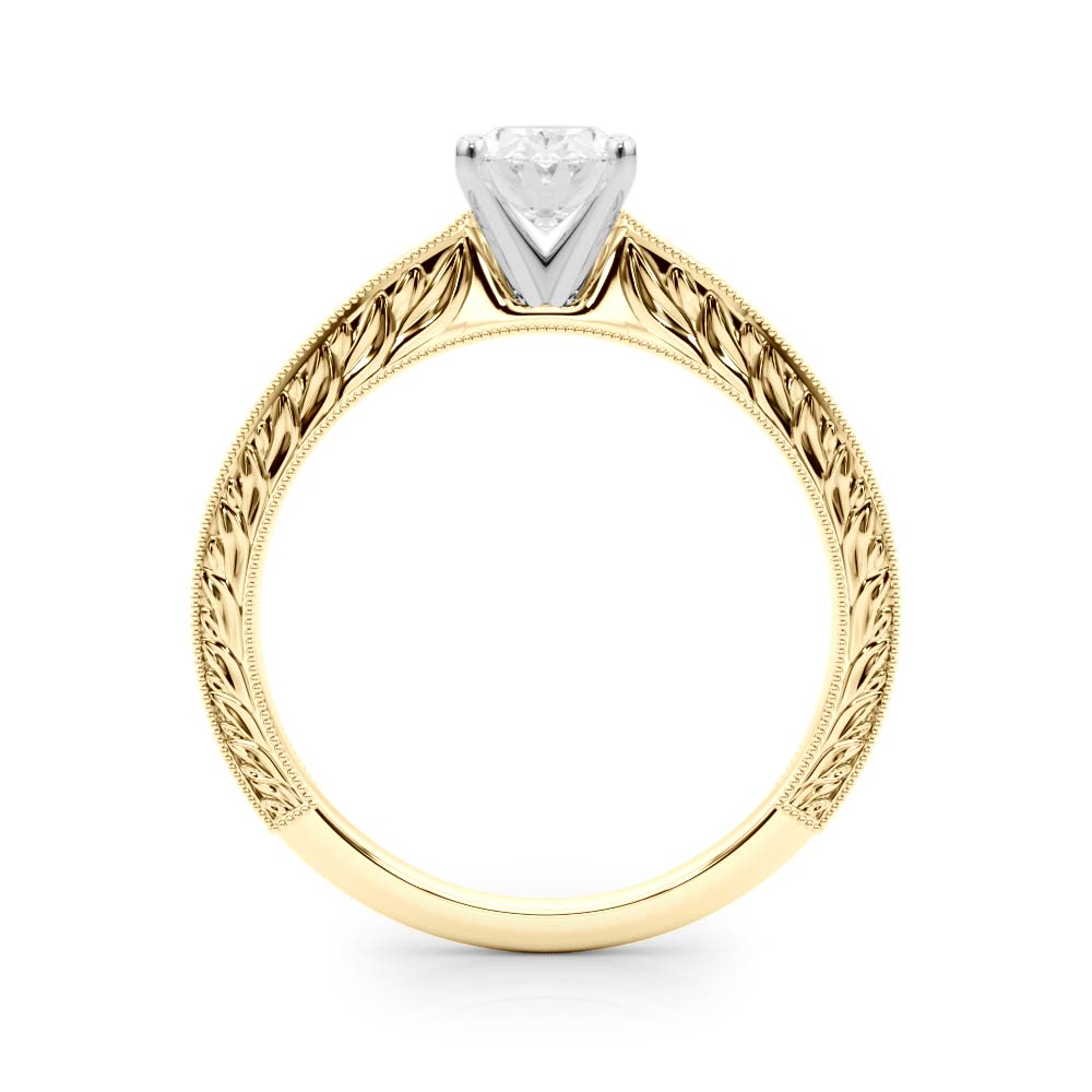 Yellow gold Oval Solitaire Milgrain Engraved Band with Four-Prong Setting