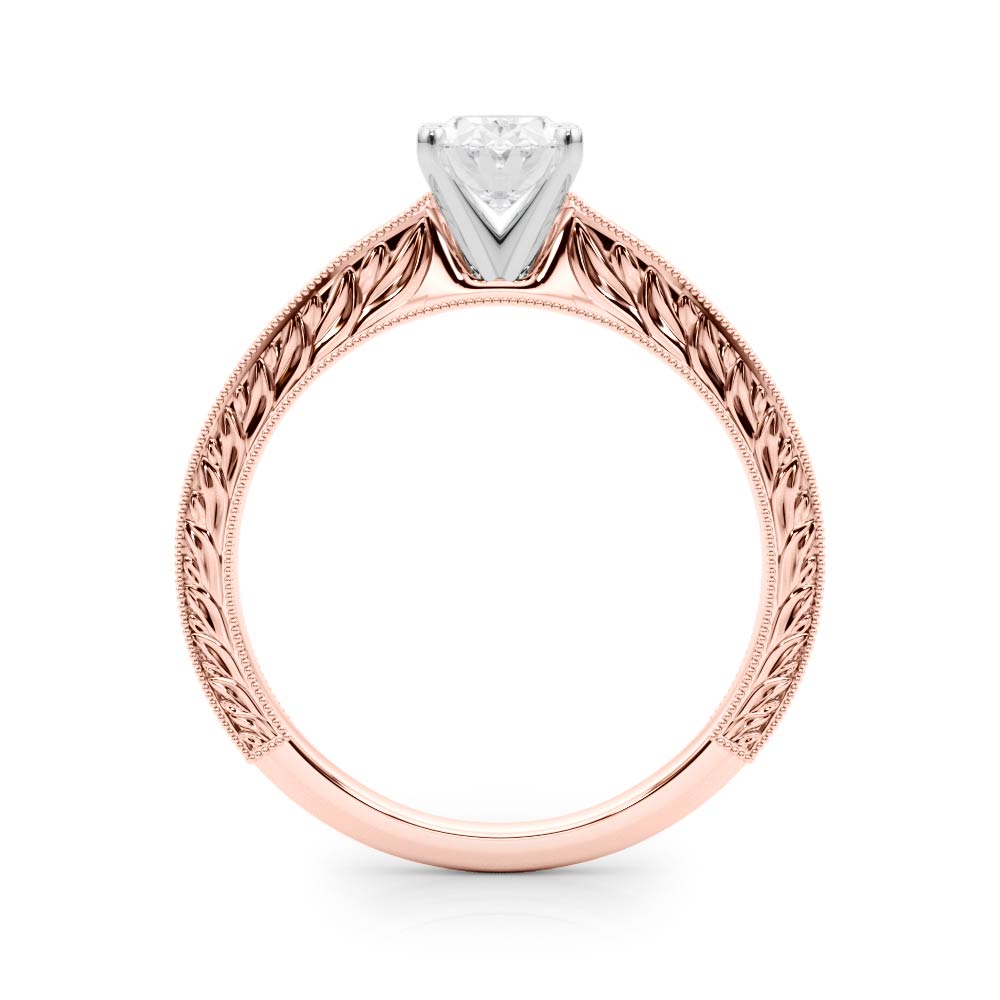 Rose gold Oval Solitaire Milgrain Engraved Band with Four-Prong Setting
