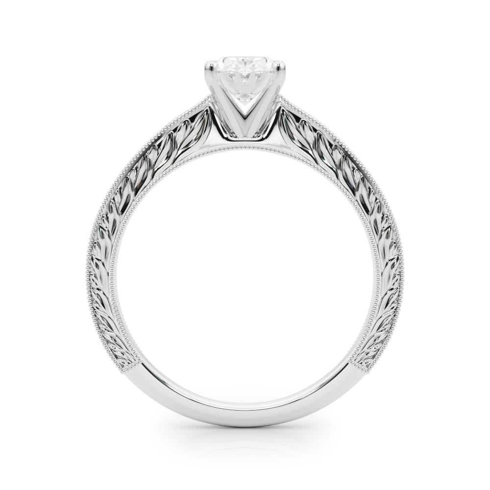 White gold Oval Solitaire Milgrain Engraved Band with Four-Prong Setting