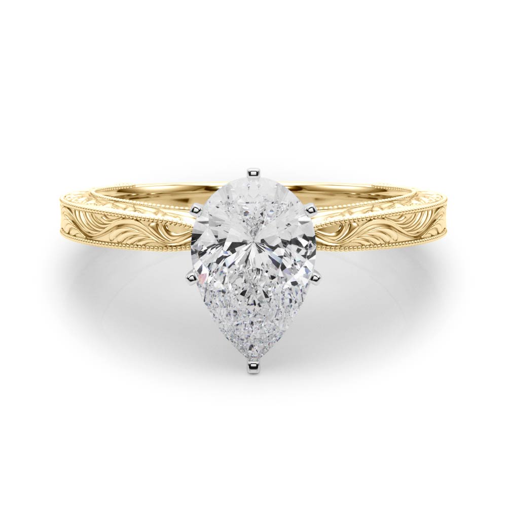 Yellow gold Pear Solitaire Milgrain Engraved Band with Four-Prong Setting