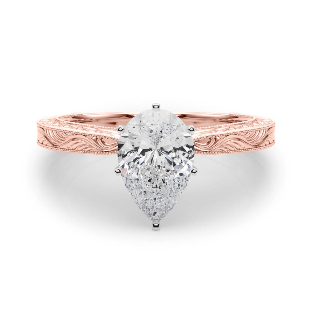 Rose gold Pear Solitaire Milgrain Engraved Band with Four-Prong Setting