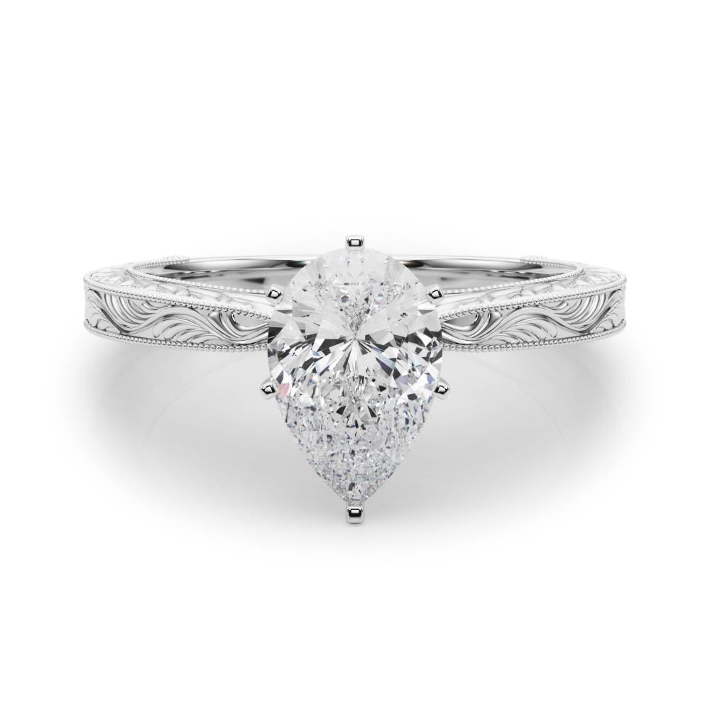 Platinum Pear Solitaire Milgrain Engraved Band with Four-Prong Setting