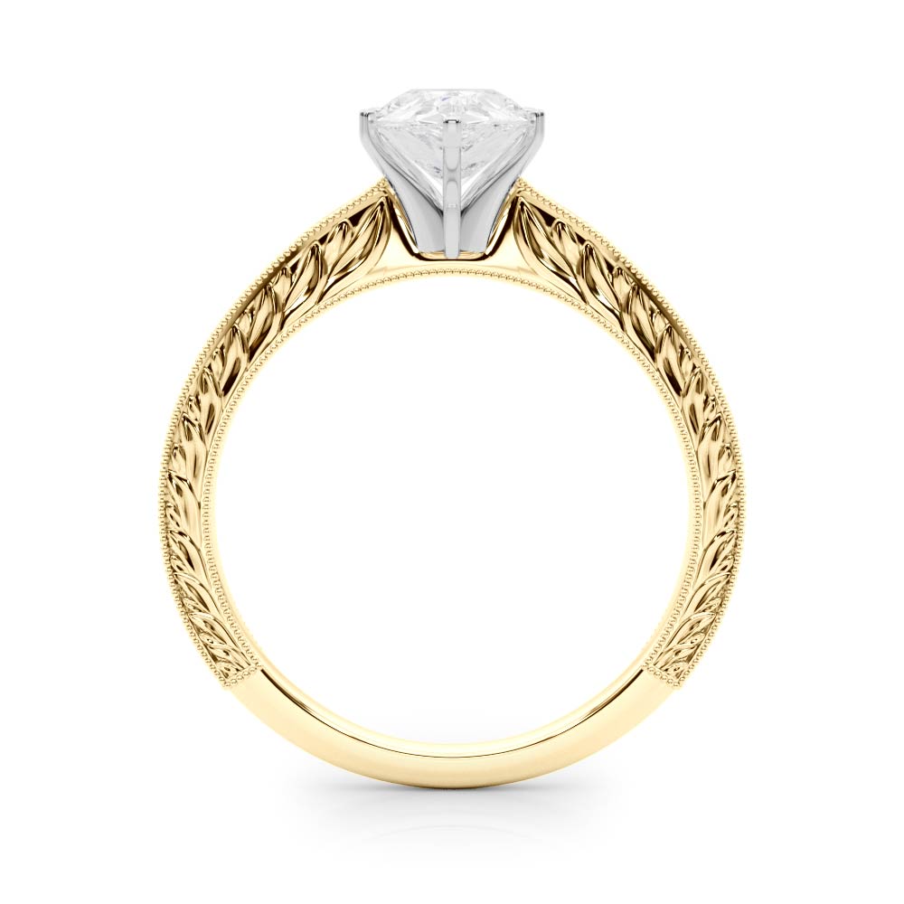Yellow gold Pear Solitaire Milgrain Engraved Band with Four-Prong Setting