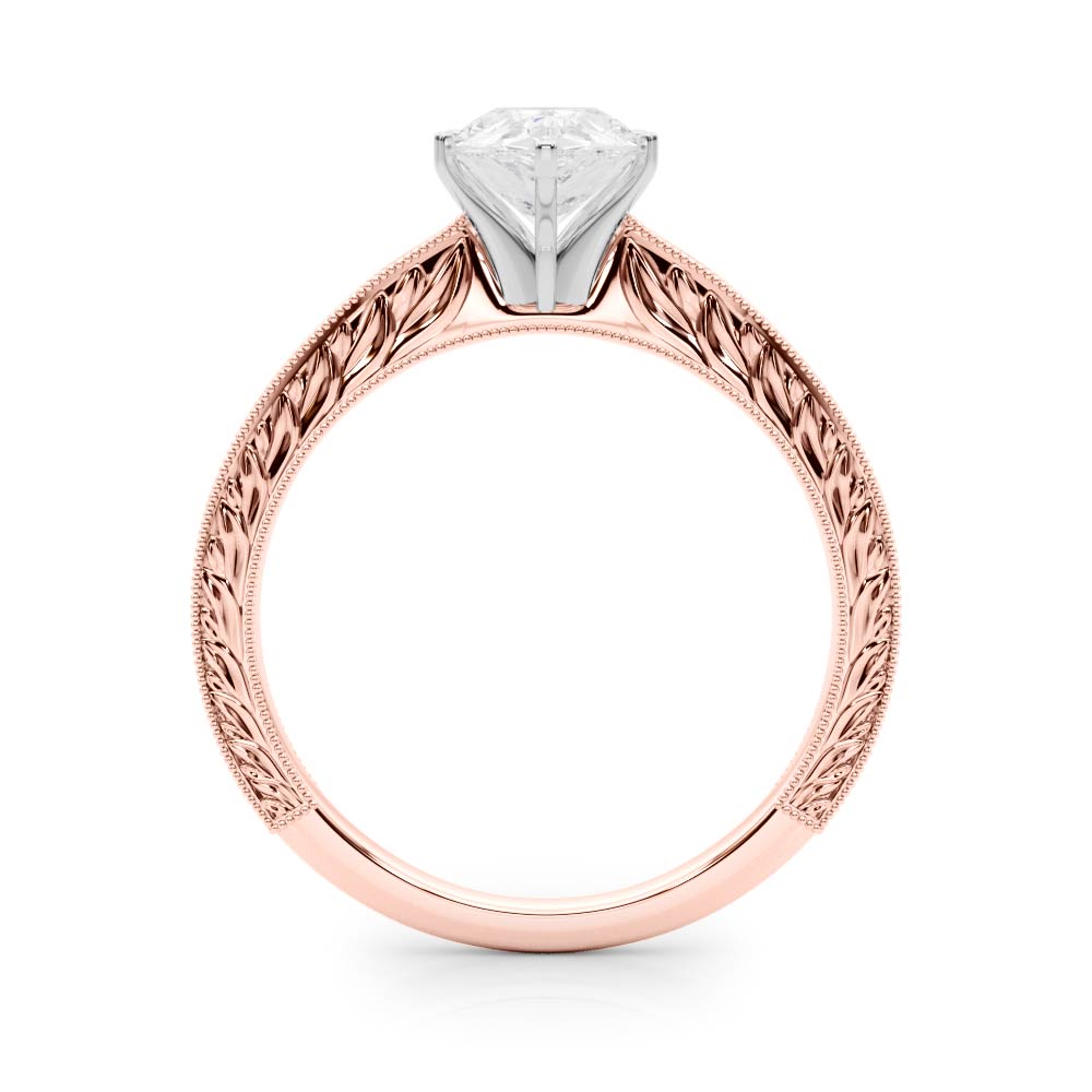 Rose gold Pear Solitaire Milgrain Engraved Band with Four-Prong Setting