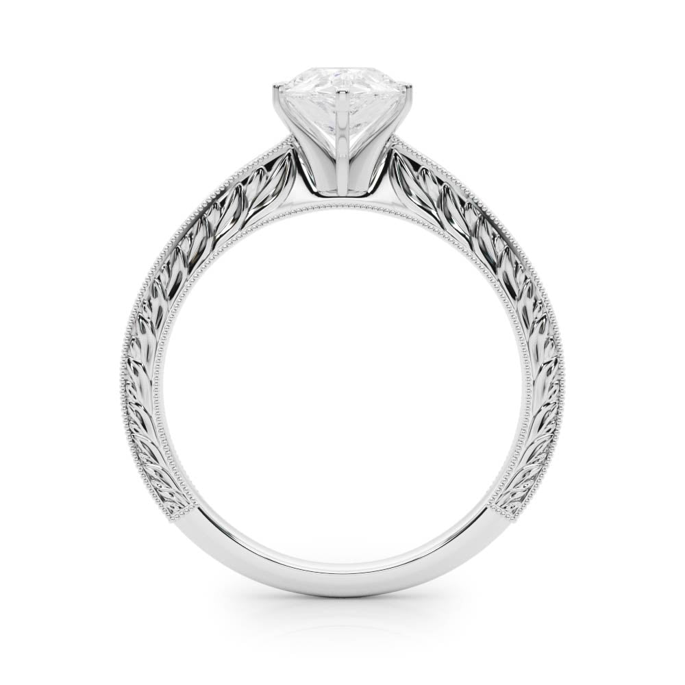 White gold Pear Solitaire Milgrain Engraved Band with Four-Prong Setting